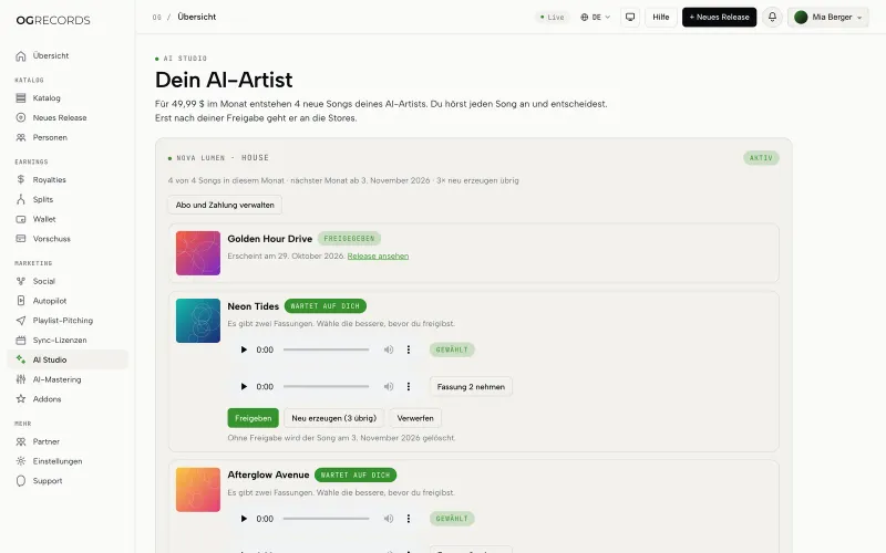 AI Studio mit neuen Songs eines AI-Artists, die auf Freigabe warten