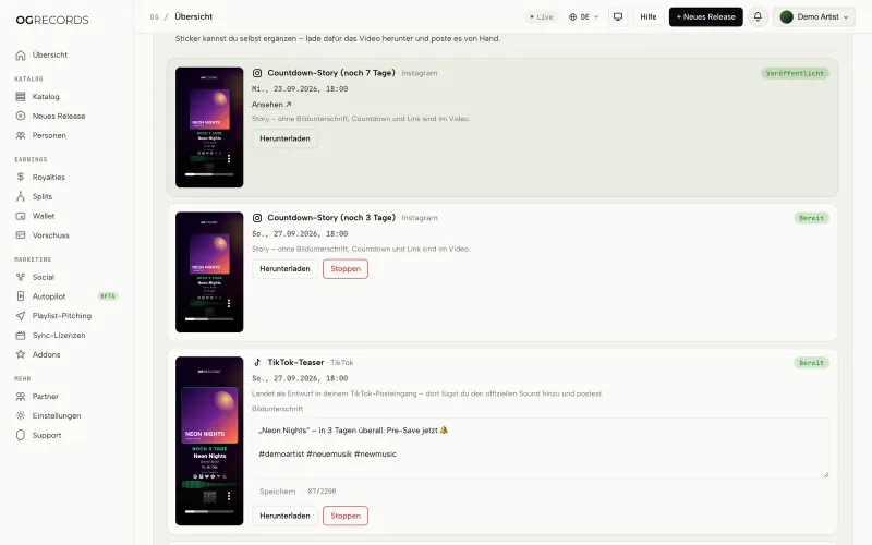 Autopilot-Plan mit Countdown-Stories und Out-now-Post zu einem Release