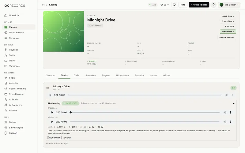 AI-Mastering im Release-Wizard mit Vergleich von Original und Master